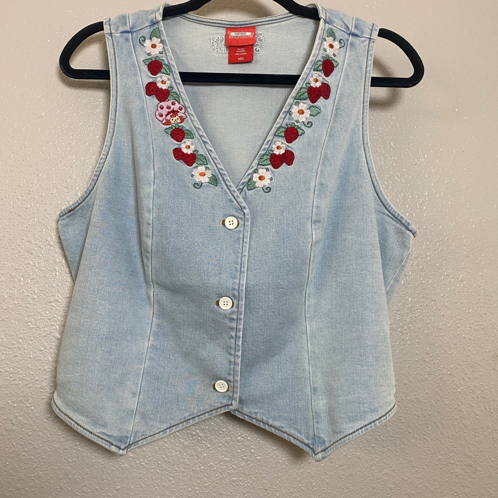 Strawberry Shortcake Denim Vest Medium Cottagecore Embroidered Feminine Retro